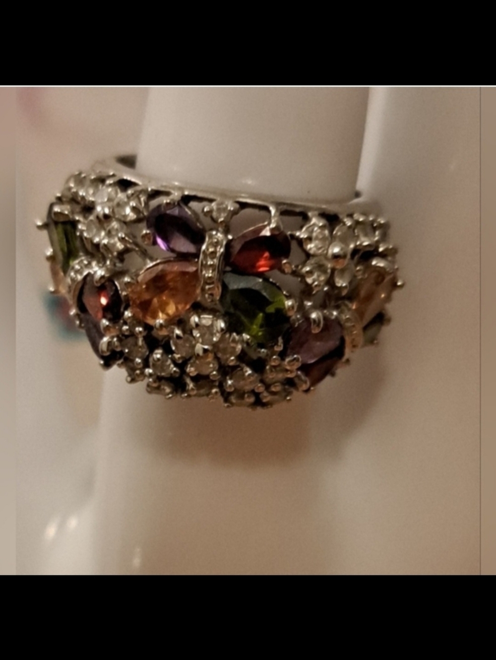 EUC Fortune Jewelers Genuine Silver & Multi Gemstone Butterfly Ring Jewelry SZ 9